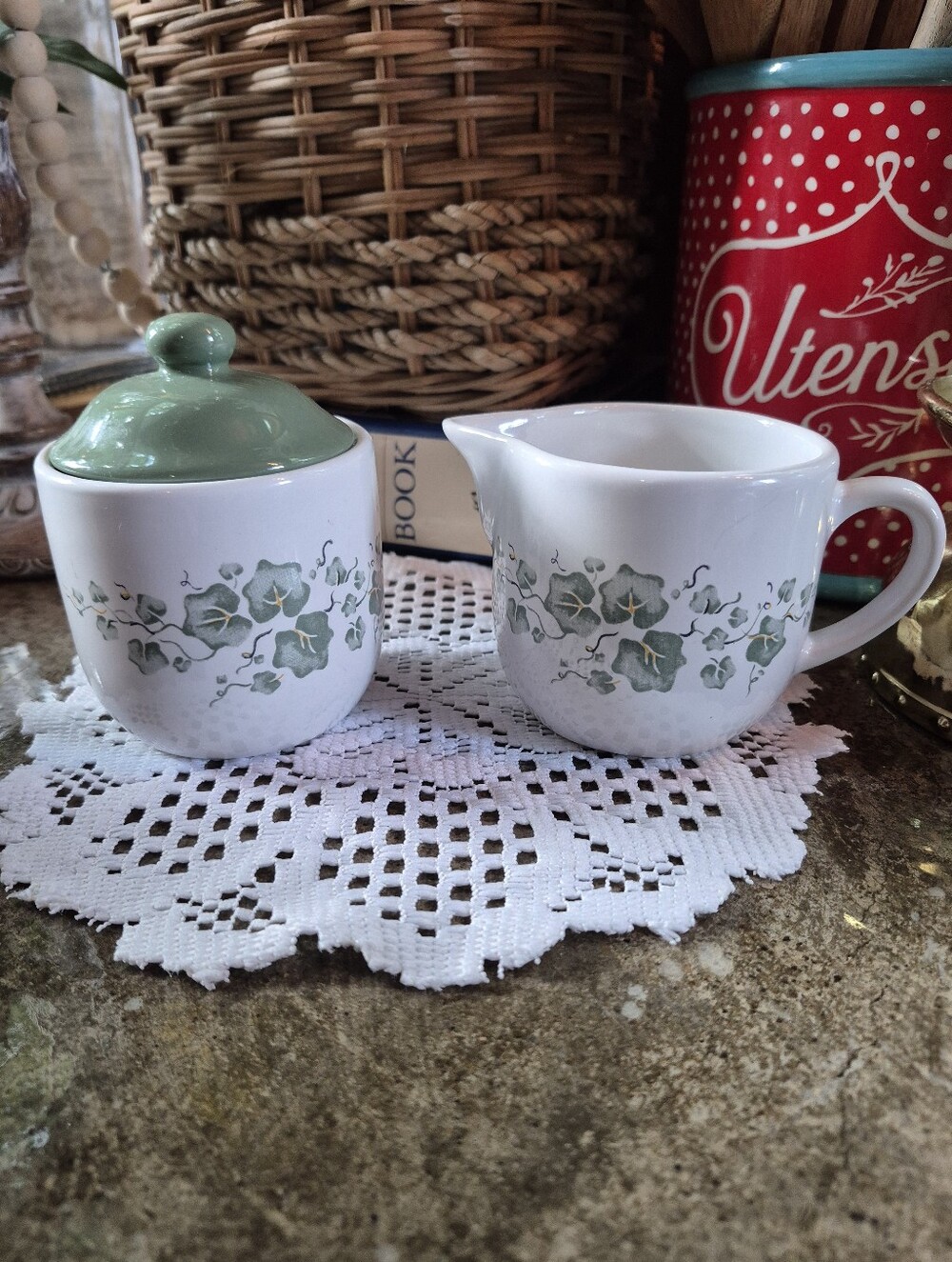 3pc. Vintage Ivy Pattern Creamer & Sugar Dish Set Jay Import Company
